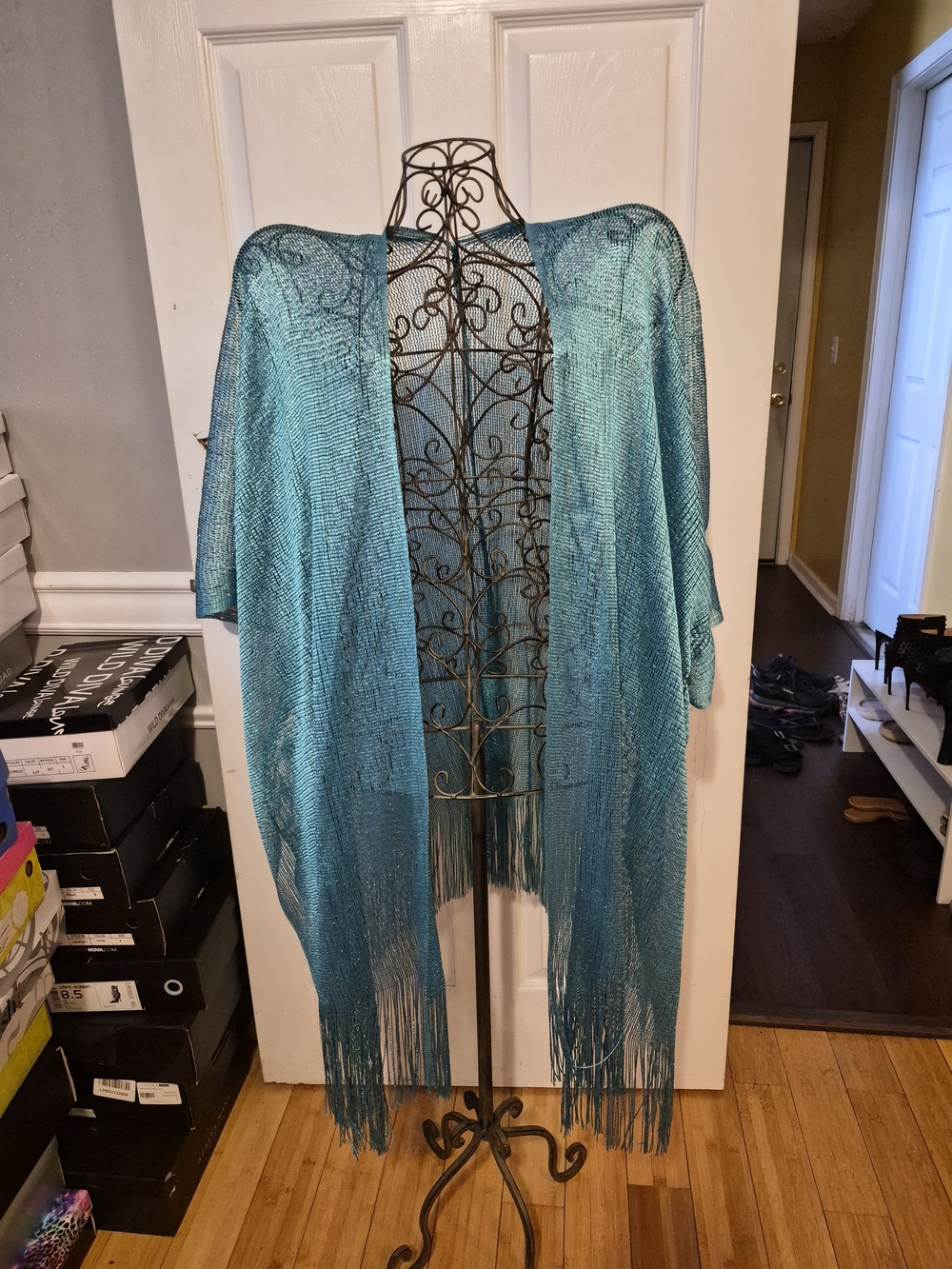 Teal Fringe Open Kimono Cardigan